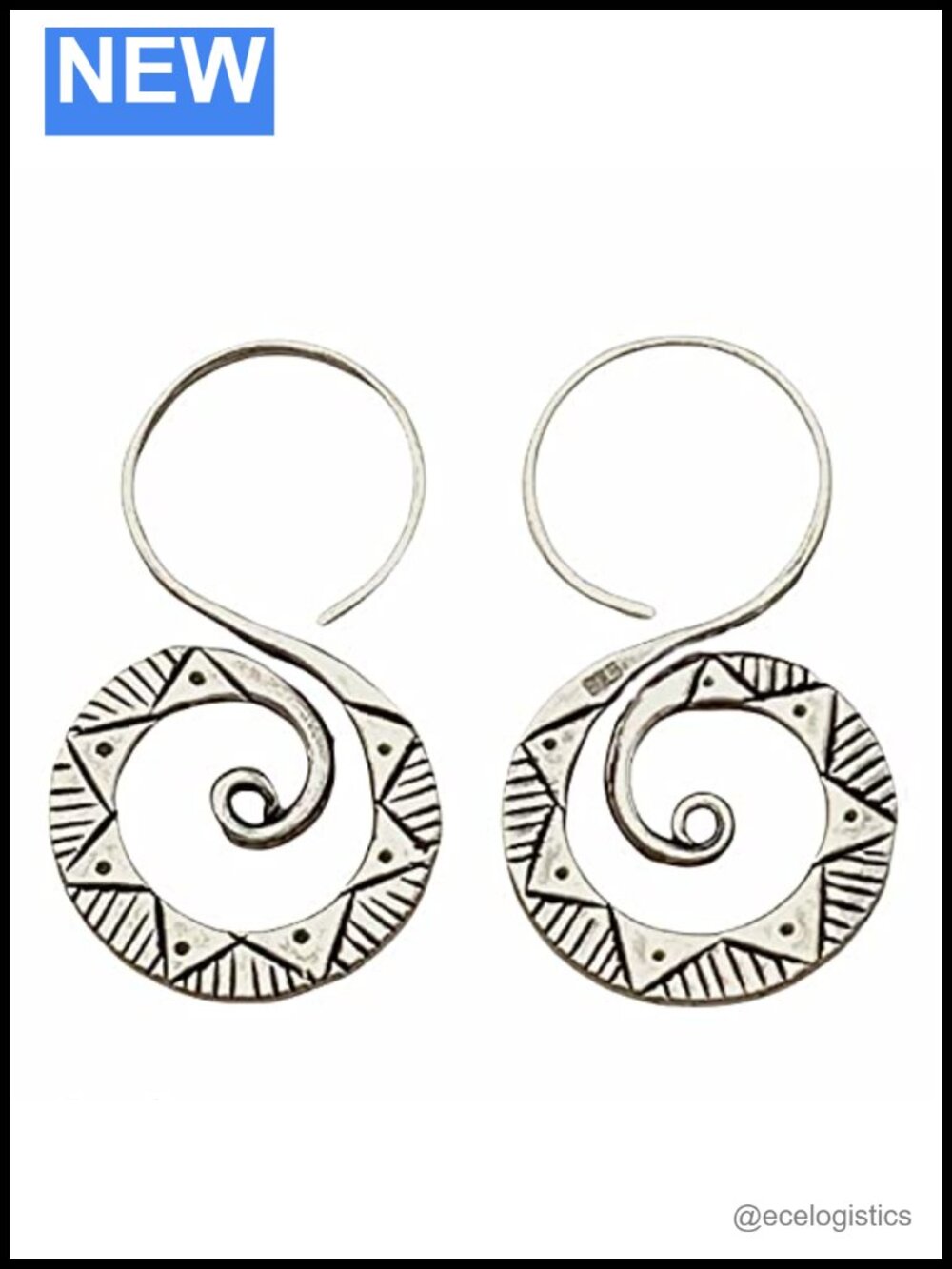 Sterling Silver Spiral Earrings Handmade Tribal Geometric Boho Hippie